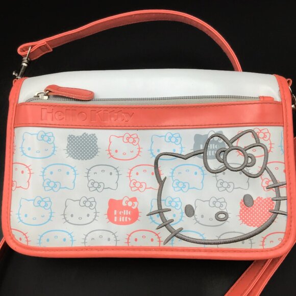 Hello Kitty Purse Gray Coral Pink Crossbody Shoulder Bag Zippered Pockets Sanrio - Picture 2 of 12